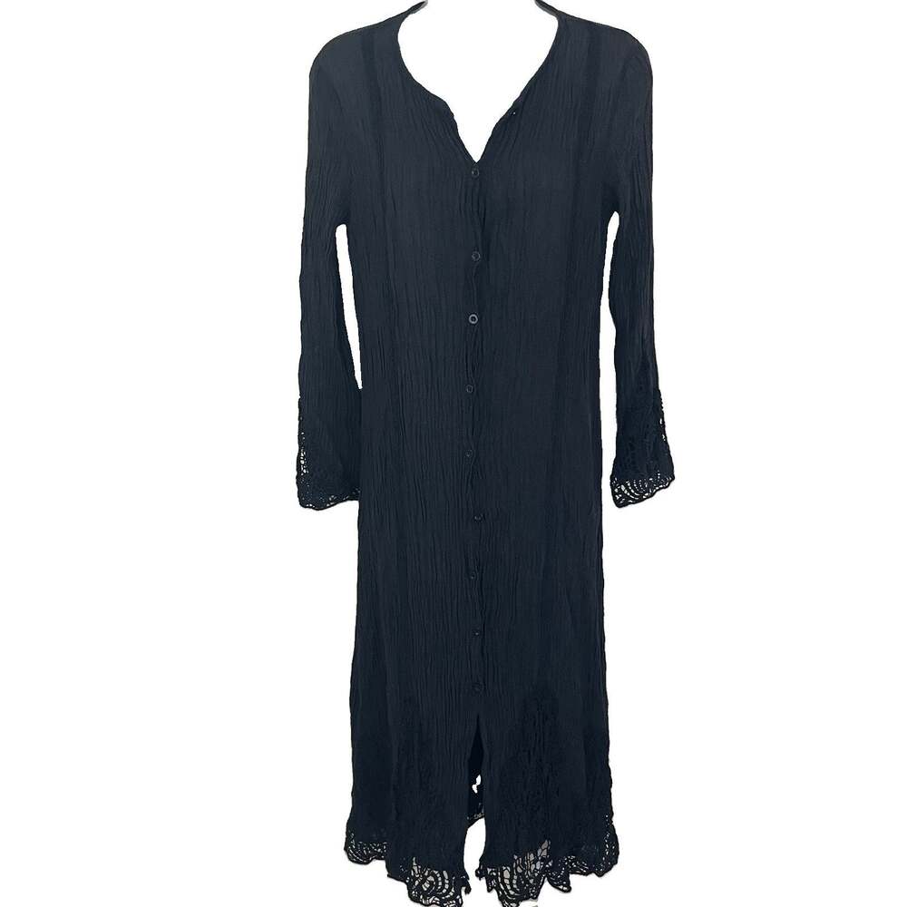 Current Terra Midi Dress Womens Black Crochet Bell Sleeve Linen Cotton Boho
